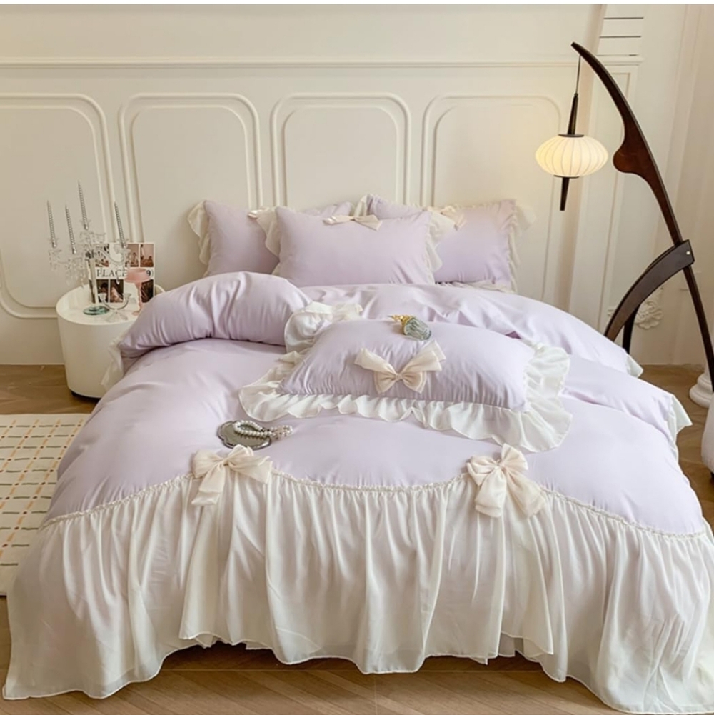 SOUKECHY Ruffled Bedding Bow Duvet Cover Set with Butterfly Tie, Soft Brushed